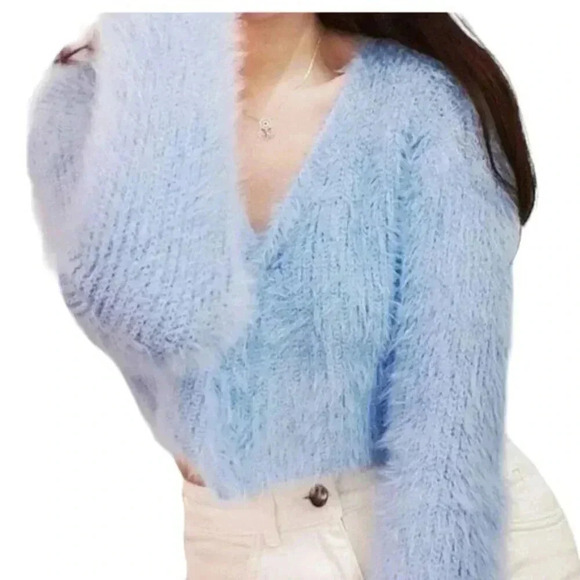 Zara Soft Fuzzy Cropped Cardigan Open front Long Sleeve  Blue Size Medium - Picture 3 of 10